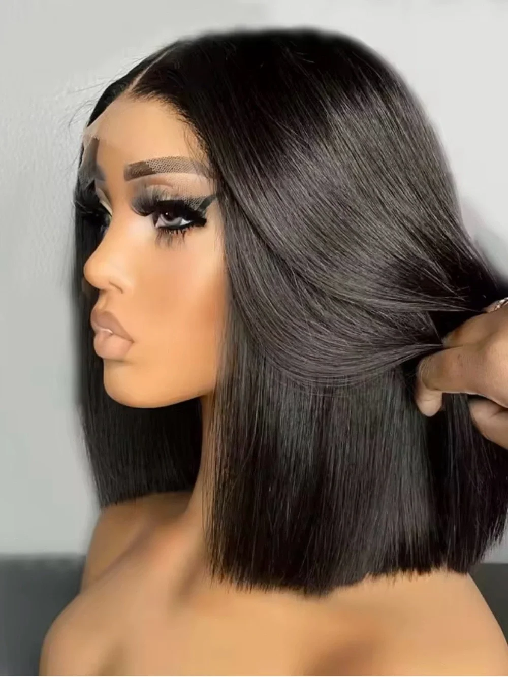 5x5 Glueless 10inch 220% density 1b#Natural Straight Bob Wig - Black